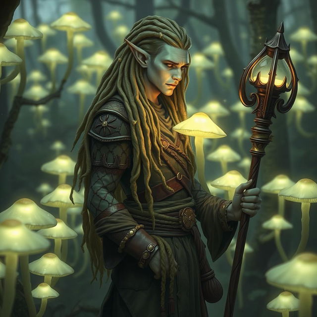 A male tiefling with pale, olive-green skin is standing amidst a grove of glowing mushrooms