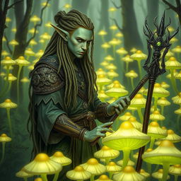 A male tiefling with pale, olive-green skin is standing amidst a grove of glowing mushrooms