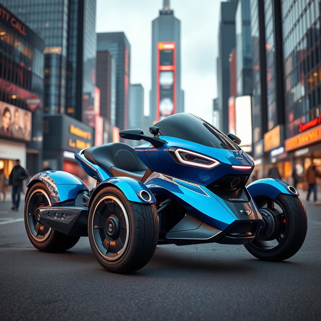 A futuristic three-wheeled motor vehicle designed for urban environments, showcasing sleek and aerodynamic features