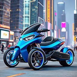 A futuristic three-wheeled motor vehicle designed for urban environments, showcasing sleek and aerodynamic features