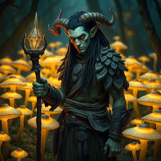 A male tiefling with pale, olive-green skin stands amidst a grove of glowing mushrooms