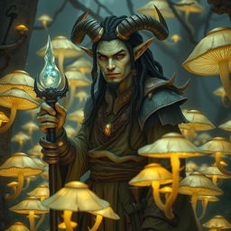 A male tiefling with pale, olive-green skin stands amidst a grove of glowing mushrooms