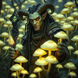 A male tiefling with pale, olive-green skin stands amidst a grove of glowing mushrooms