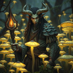 A male tiefling with pale, olive-green skin stands amidst a grove of glowing mushrooms