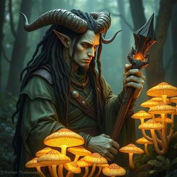 A male tiefling with pale, olive-green skin and twisting horns, adorned with dark dreadlocks cascading down