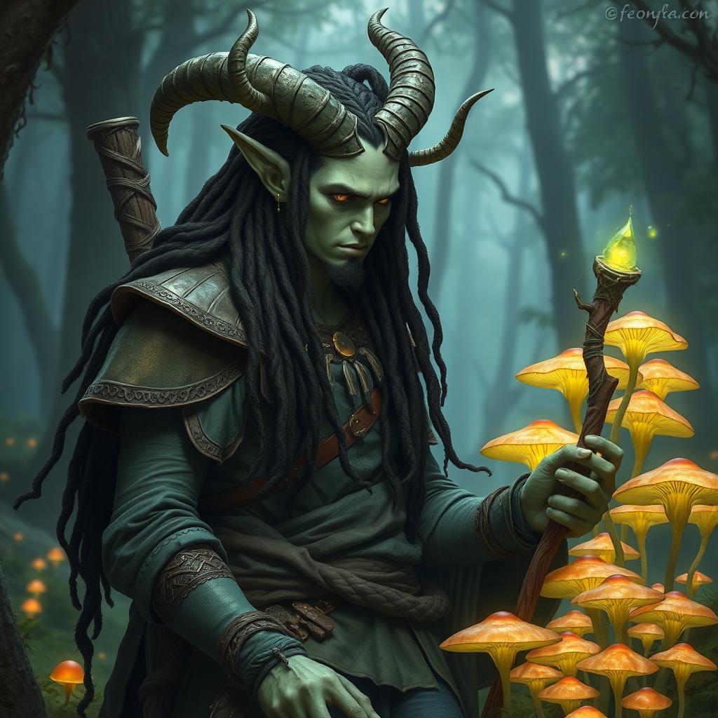 A male tiefling with pale, olive-green skin and twisting horns, adorned with dark dreadlocks cascading down