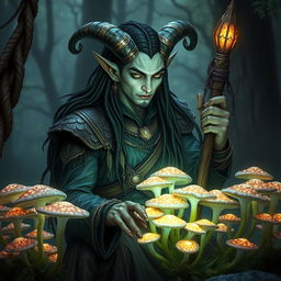 A male tiefling with pale, olive-green skin and twisting horns, adorned with dark dreadlocks cascading down