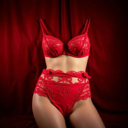 A stunning red bra and panties set placed elegantly against a luxurious velvet background