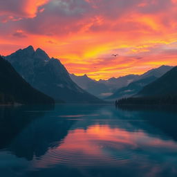 A majestic mountain landscape during a vivid sunset, with a serene lake reflecting the vibrant colors of the sky