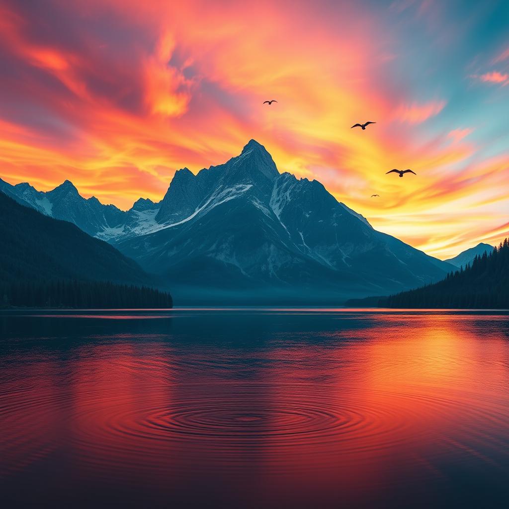 A majestic mountain landscape during a vivid sunset, with a serene lake reflecting the vibrant colors of the sky