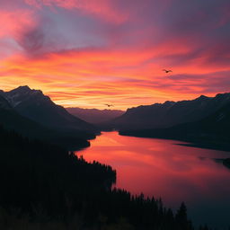 A majestic mountain landscape during a vivid sunset, with a serene lake reflecting the vibrant colors of the sky