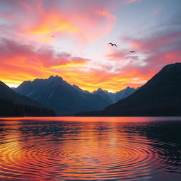 A majestic mountain landscape during a vivid sunset, with a serene lake reflecting the vibrant colors of the sky