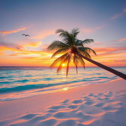 A serene beach scene at sunset, with crystal clear turquoise waters gently lapping against soft white sands