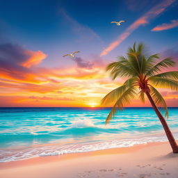 A serene beach scene at sunset, with crystal clear turquoise waters gently lapping against soft white sands