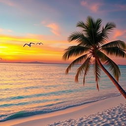 A serene beach scene at sunset, with crystal clear turquoise waters gently lapping against soft white sands