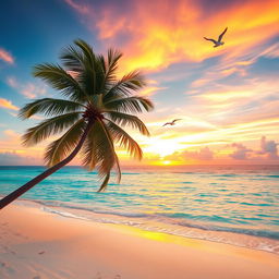 A serene beach scene at sunset, with crystal clear turquoise waters gently lapping against soft white sands