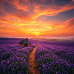 A grand, majestic landscape showcasing a vibrant sunset over an expansive, idyllic field of lavender in full bloom