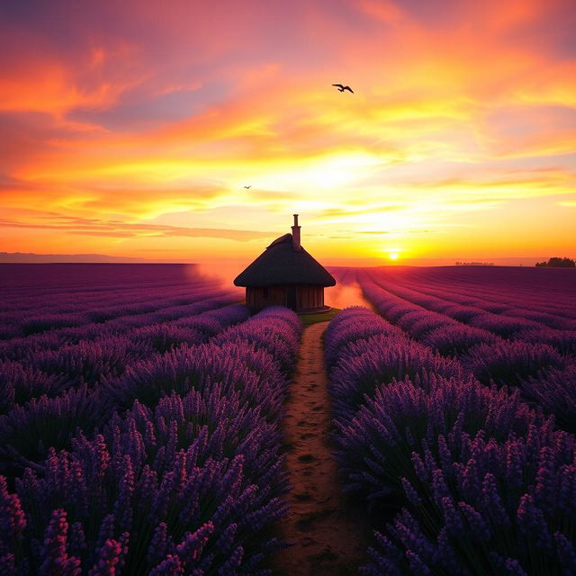 A grand, majestic landscape showcasing a vibrant sunset over an expansive, idyllic field of lavender in full bloom