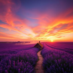 A grand, majestic landscape showcasing a vibrant sunset over an expansive, idyllic field of lavender in full bloom