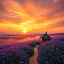 A grand, majestic landscape showcasing a vibrant sunset over an expansive, idyllic field of lavender in full bloom