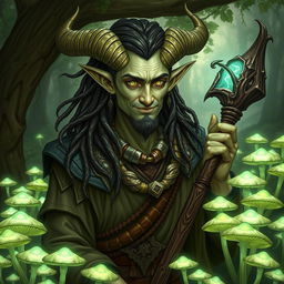 A middle-aged male tiefling with pale, olive-green skin and a kind face, featuring striking green eyes