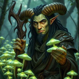 A middle-aged male tiefling with pale, olive-green skin and a kind face, featuring striking green eyes