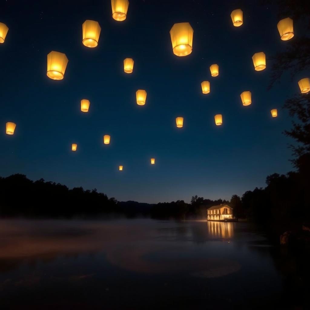 mystical luminaria floating in the night sky above a tranquil lake, casting a warm, gentle glow on the water