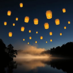 mystical luminaria floating in the night sky above a tranquil lake, casting a warm, gentle glow on the water