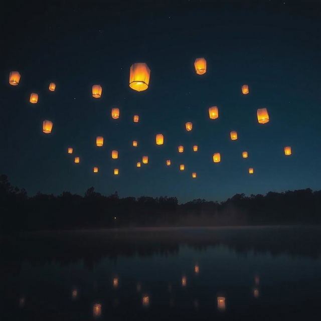 mystical luminaria floating in the night sky above a tranquil lake, casting a warm, gentle glow on the water