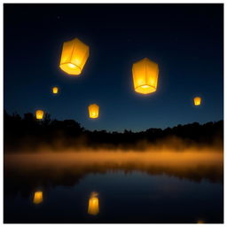 mystical luminaria floating in the night sky above a tranquil lake, casting a warm, gentle glow on the water