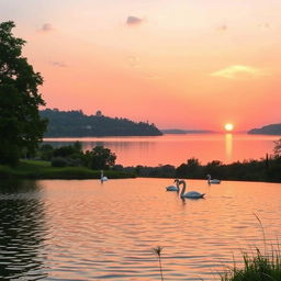 A serene, picturesque landscape featuring a tranquil lake surrounded by lush greenery