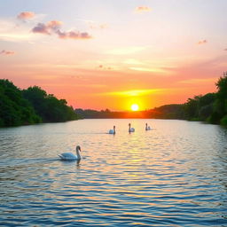 A serene, picturesque landscape featuring a tranquil lake surrounded by lush greenery