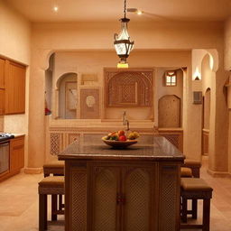 Design a cost-efficient, 1600 square foot Arabian Mandi, with nearly 30% of the space allocated to the kitchen area, incorporating traditional Middle Eastern architectural influences.