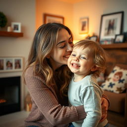 A heartwarming scene depicting a mother lovingly kissing her child on the cheek