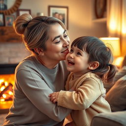 A heartwarming scene depicting a mother lovingly kissing her child on the cheek