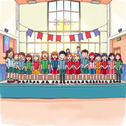 A vibrant and lively colored sketch portraying a school assembly scene