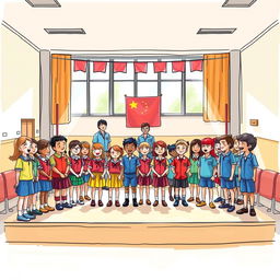 A vibrant and lively colored sketch portraying a school assembly scene