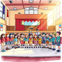 A vibrant and lively colored sketch portraying a school assembly scene