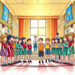 A vibrant and lively colored sketch portraying a school assembly scene