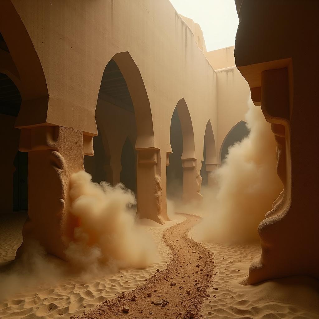 A professional photograph capturing an immersive sandstorm, with swirling sand forming allusive shapes that resemble architectural forms