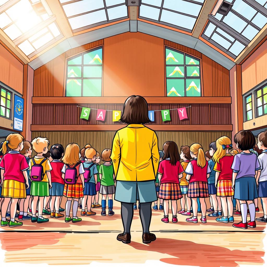 A vibrant and lively colored sketch portraying a school assembly scene