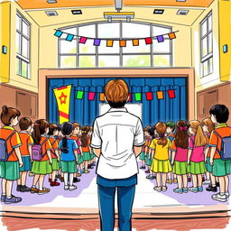 A vibrant and lively colored sketch portraying a school assembly scene