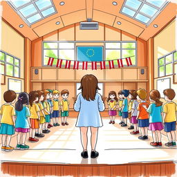 A vibrant and lively colored sketch portraying a school assembly scene