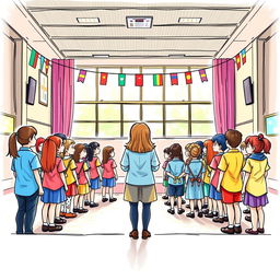 A vibrant and lively colored sketch portraying a school assembly scene