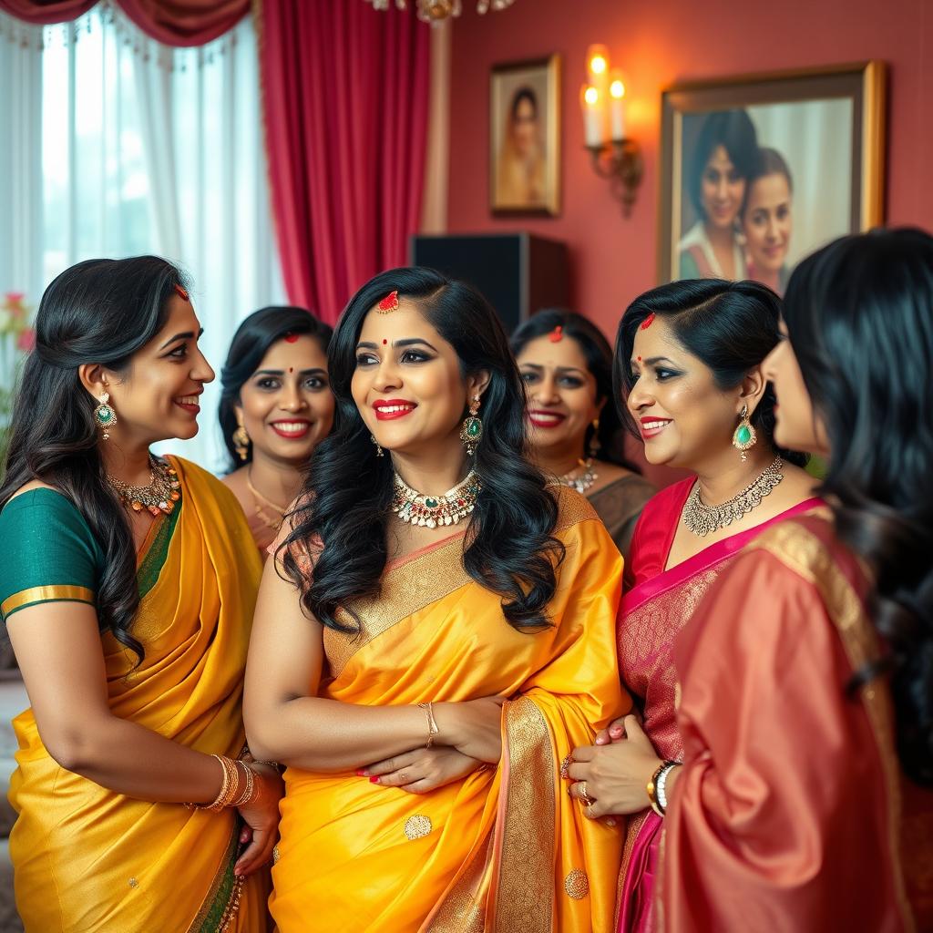 A group of attractive Indian moms exuding elegance and confidence, showcasing their charming personalities and wearing traditional Indian attire like sarees, adorned with intricate jewelry