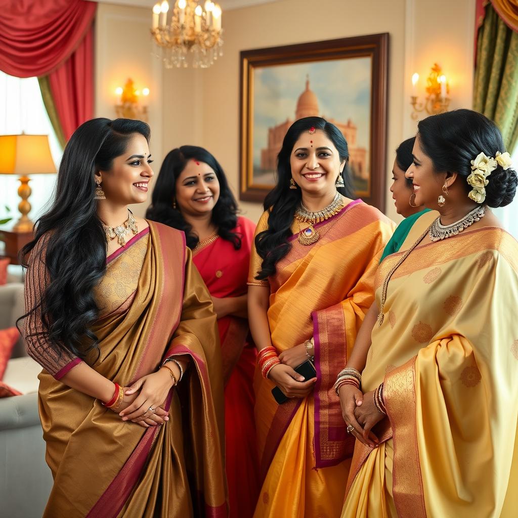 A group of attractive Indian moms exuding elegance and confidence, showcasing their charming personalities and wearing traditional Indian attire like sarees, adorned with intricate jewelry