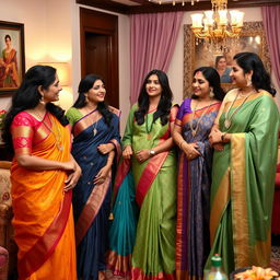 A group of attractive Indian moms exuding elegance and confidence, showcasing their charming personalities and wearing traditional Indian attire like sarees, adorned with intricate jewelry