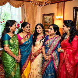 A group of attractive Indian moms exuding elegance and confidence, showcasing their charming personalities and wearing traditional Indian attire like sarees, adorned with intricate jewelry