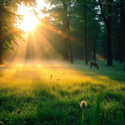 Serene and tranquil forest clearing at sunrise, featuring a gentle mist rising from the dew-covered grass