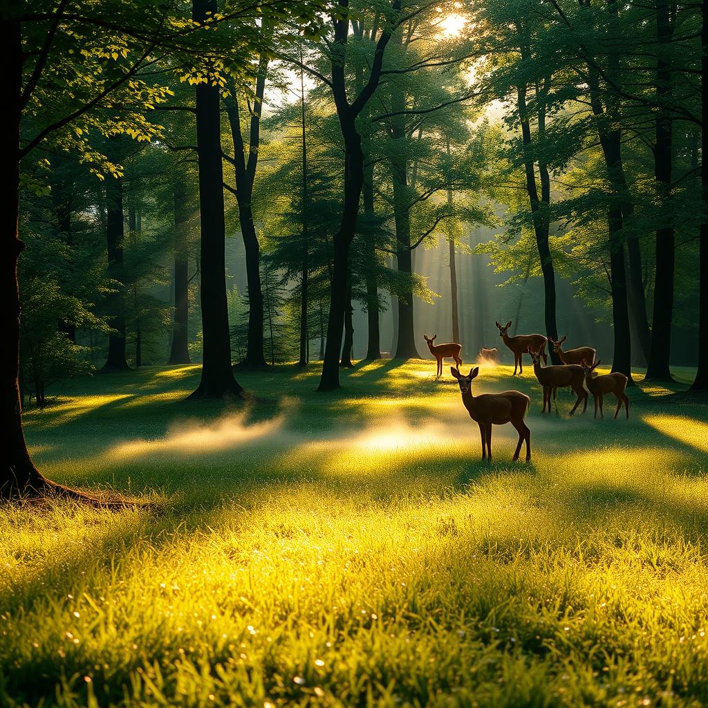 Serene and tranquil forest clearing at sunrise, featuring a gentle mist rising from the dew-covered grass